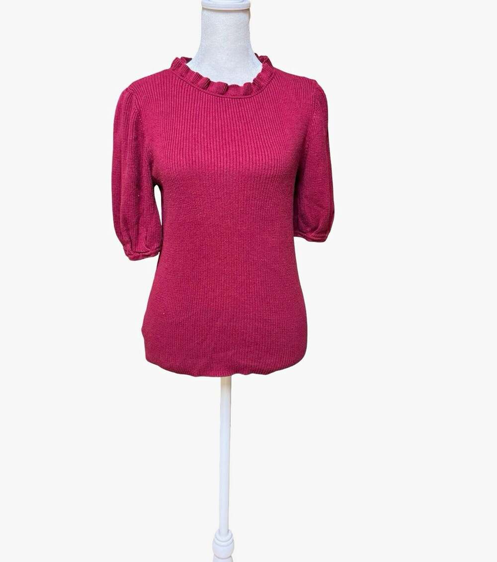 Ann Taylor Factory Burgundy Knit Crewneck Ruffle Puff Short Sleeve Sweater L